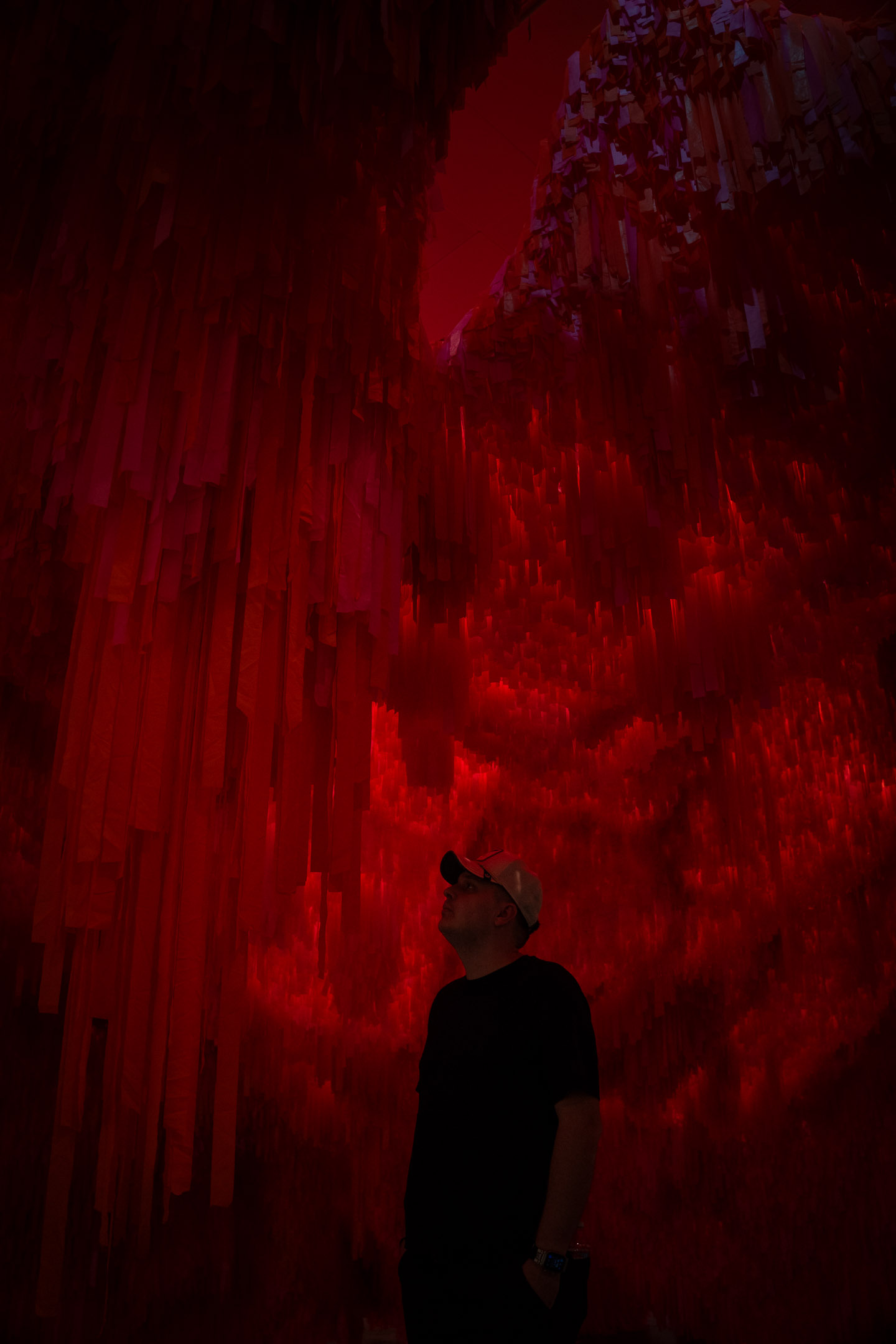 Creative red-lit portrait of a man photographed at Wonderspaces art exhibit